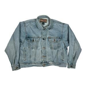 Vintage Express Jeans Jacket Mens Large Blue Denim Distressed Raw Hem 90s